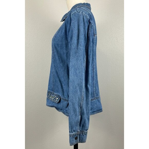 Christopher & Banks Denim Jacket Womens Medium Embroidered Floral Accents Zip - Picture 3 of 16